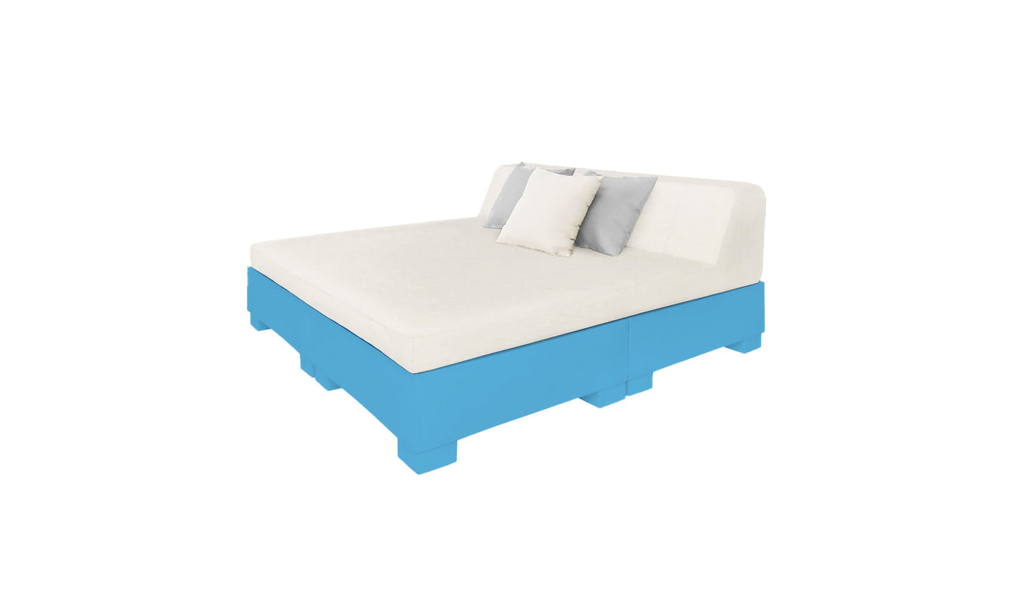 The Affinity Square Sunbed with Backrest Cushion by Ledge Lounger boasts a light cream mattress and headboard on a blue wooden pallet frame, ideal for poolside lounging. It includes decorative white and gray pillows against the headboard, all on a plain white background.