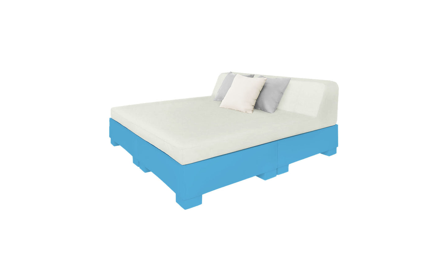 The Affinity Square Sunbed with Backrest Cushion by Ledge Lounger flaunts a minimalist design with a white mattress, dual pillows—white and gray—on a light blue platform with a slanted backrest. Ideal for poolside lounging, it offers tranquility against its simple white backdrop.