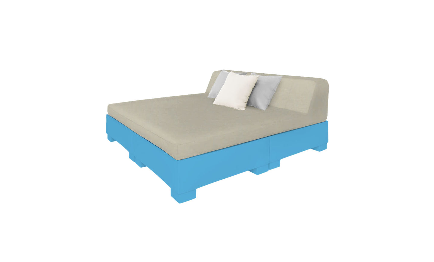 The Ledge Lounger Affinity Square Sunbed with Backrest Cushion showcases a beige mattress, accompanied by three white and gray pillows on a blue wooden pallet frame. Its perfect for poolside relaxation, enhancing any outdoor area with sophistication and comfort against a crisp white background.