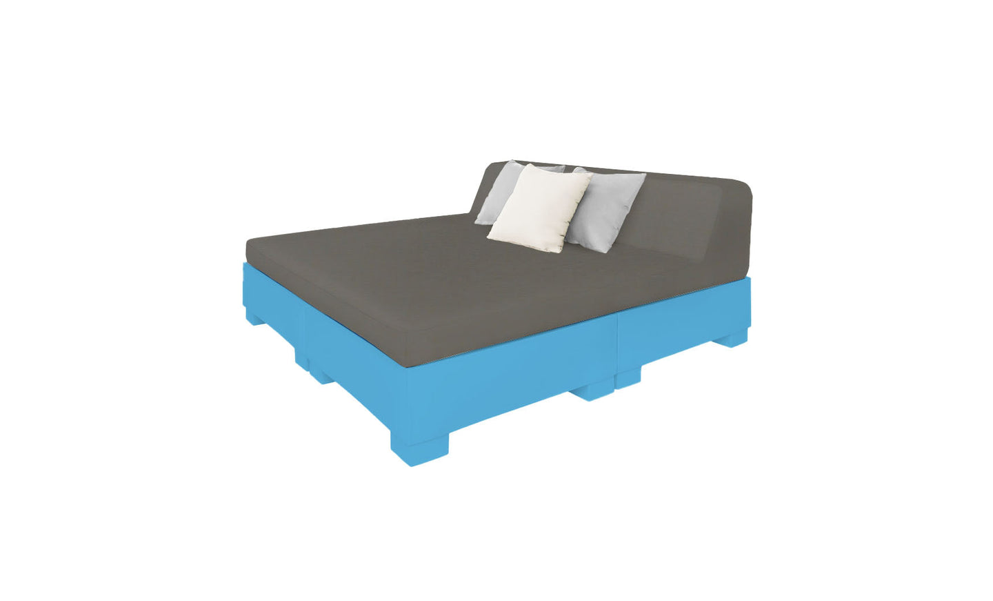 Introducing the Affinity Square Sunbed by Ledge Lounger: a 3D-rendered minimalist piece perfect for poolside lounging. It includes a gray mattress, blue base, and three pillows in white, gray, and yellow. The serene design is set against a plain white background for an ideal outdoor vibe.