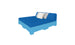 The Affinity Square Sunbed with Backrest Cushion by Ledge Lounger features a blue pallet bed and blue mattress on a white background, complemented by a white and light gray cushion. This modern design is perfect for relaxing poolside or in outdoor spaces.