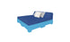 The Affinity Square Sunbed by Ledge Lounger features a blue mattress and backrest on a light blue pallet-style base, ideal for outdoor areas. Complemented by two white pillows and one gray pillow, it invites poolside relaxation, with the crisp white backdrop enhancing its serene appeal.