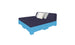 The Affinity Square Sunbed by Ledge Lounger is a modern addition to your outdoor space, featuring a dark blue cushion and two pillows—one white and one gray—set against the backrest. Its bright blue pallet base embodies poolside relaxation with style against a plain white background.