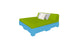 Discover the Affinity Square Sunbed with Backrest Cushion by Ledge Lounger: a modern outdoor sofa featuring a green cushion and two white pillows atop a blue pallet-style base. Its minimalist design and vivid colors create a contemporary look perfect for poolside relaxation.