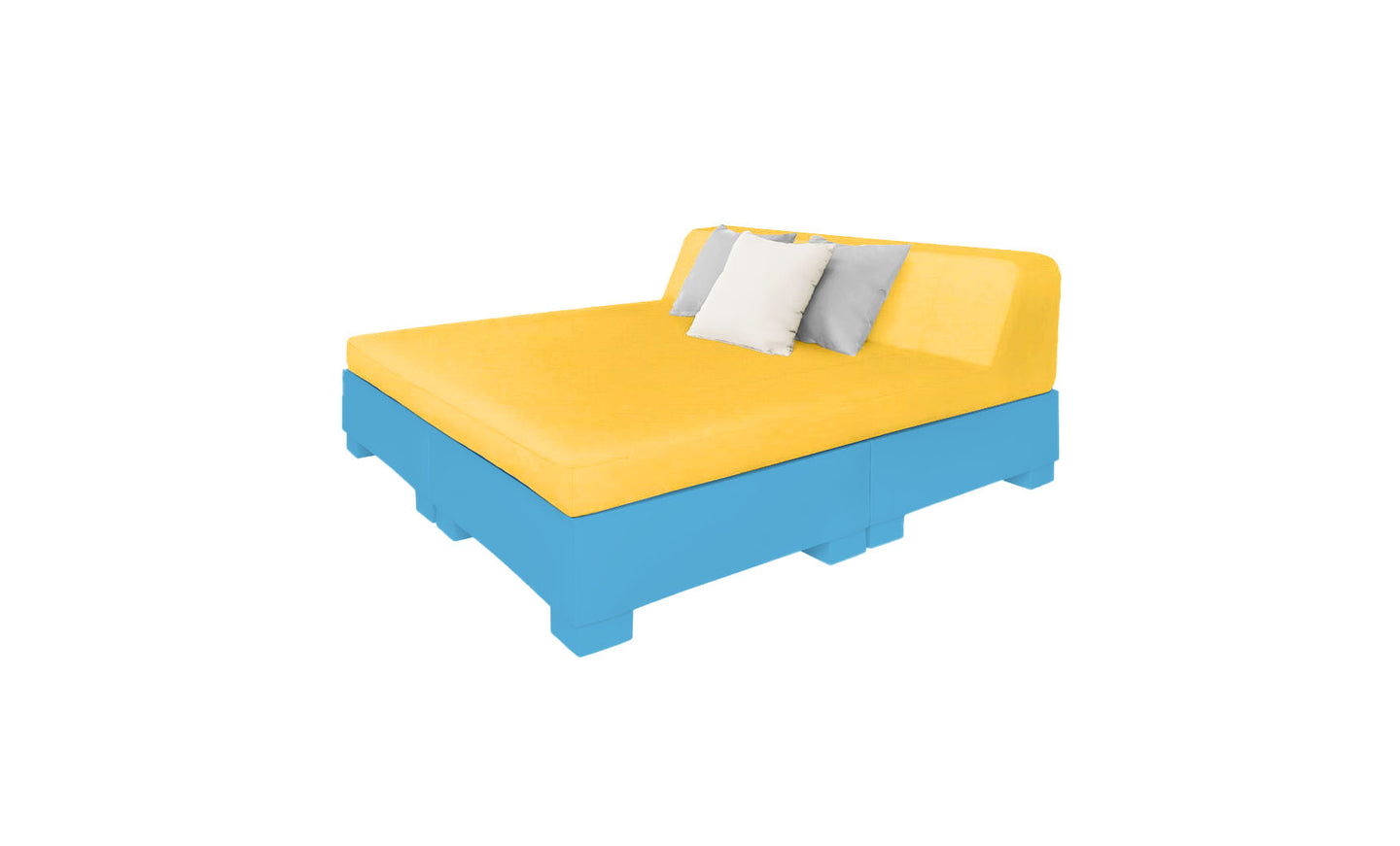 Introducing the Affinity Square Sunbed with Backrest Cushion by Ledge Lounger: a modern piece with a bright yellow mattress and backrest, featuring two square pillows in white/light gray. Its vibrant blue base contrasts boldly, perfect for poolside relaxation. The product is isolated on a white background.