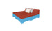 Introducing the Affinity Square Sunbed with Backrest Cushion by Ledge Lounger: a striking sunbed with blue base, red headboard, and red mattress, complemented by white and gray pillows. Ideal for poolside leisure or enhancing outdoor spaces, it is showcased against a pristine white background.