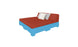 Introducing the Affinity Square Sunbed with Backrest Cushion by Ledge Lounger: a striking sunbed with blue base, red headboard, and red mattress, complemented by white and gray pillows. Ideal for poolside leisure or enhancing outdoor spaces, it is showcased against a pristine white background.