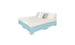 The Ledge Lounger Affinity Square Sunbed, with a light blue base and white mattress, includes three backrest cushions in white and grey hues. Its minimalist design suits outdoor areas or poolside lounging against a simple white background.