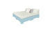 The Affinity Square Sunbed with Backrest Cushion by Ledge Lounger, featuring a light blue wooden frame, white mattress, soft backrest, two white pillows, and one gray pillow against a plain white backdrop, creates the perfect poolside ambiance.