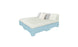 The Affinity Square Sunbed with Backrest Cushion by Ledge Lounger, featuring a light blue wooden frame, white mattress, soft backrest, two white pillows, and one gray pillow against a plain white backdrop, creates the perfect poolside ambiance.