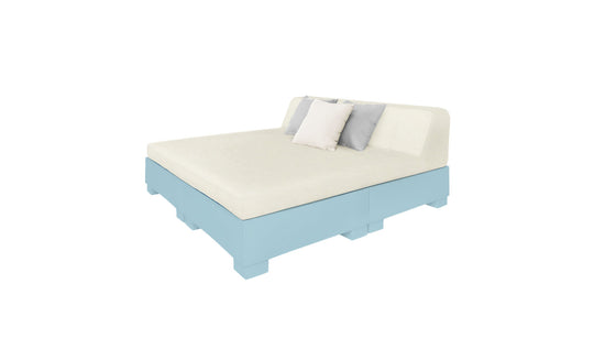 The Affinity Square Sunbed with Backrest Cushion by Ledge Lounger features a light blue frame, a beige mattress, and three pillows—two white and one gray—ideal for poolside relaxation against a plain white backdrop.