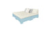 The Affinity Square Sunbed with Backrest Cushion by Ledge Lounger features a light blue frame, a beige mattress, and three pillows—two white and one gray—ideal for poolside relaxation against a plain white backdrop.