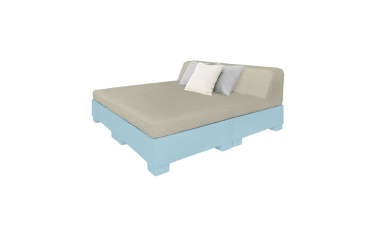 The Affinity Square Sunbed with Backrest Cushion by Ledge Lounger is a light blue platform bed with a beige mattress, backrest, and three decorative pillows in white and gray. Its minimalist design suits any setting and is ideal for poolside relaxation against a crisp white backdrop.
