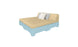 The Affinity Square Sunbed by Ledge Lounger features a beige cushioned sofa with a light blue wooden base, two grey pillows, and one white pillow, perfect for poolside relaxation against a plain white background.