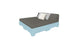 The Ledge Lounger Affinity Square Sunbed with Backrest Cushion boasts a modern light blue frame, dark gray mattress, and three white and gray pillows. Ideal for poolside relaxation, its displayed angled against a plain white backdrop.
