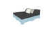 The Ledge Lounger Affinity Square Sunbed with Backrest Cushion showcases a sleek light blue frame and dark mattress, ideal for poolside lounging. It includes two pillows (one white and one gray) against the headboard, all set against a simple white backdrop.
