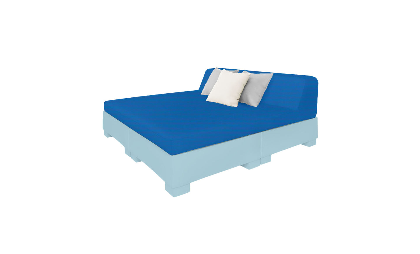 The Affinity Square Sunbed with Backrest Cushion by Ledge Lounger features a blue mattress and headboard, two white pillows, and a gray pillow. Its light blue base is ideal for poolside relaxation in outdoor spaces, set against a plain white background.
