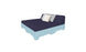 The Affinity Square Sunbed with Backrest Cushion by Ledge Lounger features a dark blue mattress and two pillows, one white and one grey, on a light blue frame and headboard. This setup is perfect for poolside relaxing, bringing indoor cozy comfort to your outdoor space against a white background.