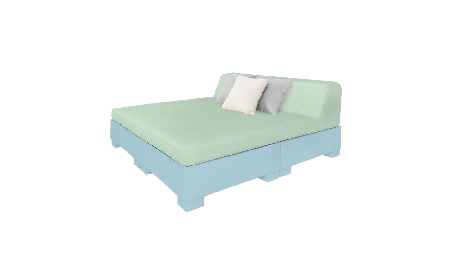 Introducing the Affinity Square Sunbed with Backrest Cushion by Ledge Lounger: a modern platform bed with a light blue base and mint green mattress, ideal for poolside lounging. It includes a matching backrest plus two white pillows and one gray pillow against a crisp white backdrop.