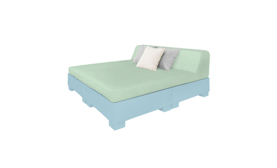 Introducing the Affinity Square Sunbed with Backrest Cushion by Ledge Lounger: a modern platform bed with a light blue base and mint green mattress, ideal for poolside lounging. It includes a matching backrest plus two white pillows and one gray pillow against a crisp white backdrop.