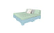 Introducing the Affinity Square Sunbed with Backrest Cushion by Ledge Lounger: a modern platform bed with a light blue base and mint green mattress, ideal for poolside lounging. It includes a matching backrest plus two white pillows and one gray pillow against a crisp white backdrop.
