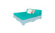 The Affinity Square Sunbed with Backrest Cushion by Ledge Lounger is perfect for poolside relaxation. It features a turquoise sofa on a wooden pallet base, includes two decorative pillows in white and gray, and transforms any outdoor area into a serene retreat.