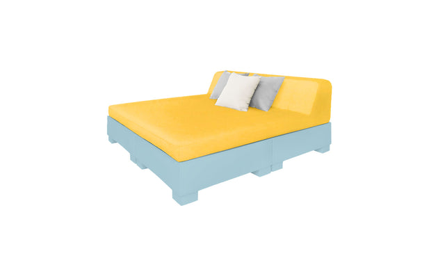 Introducing the Affinity Square Sunbed with Backrest Cushion by Ledge Lounger: Perfect for poolside relaxing, it features a bright yellow mattress on a light blue base, with three pillows—white, gray, and pale blue. The serene white background makes it ideal for enhancing any outdoor space.