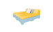 Introducing the Affinity Square Sunbed with Backrest Cushion by Ledge Lounger: Perfect for poolside relaxing, it features a bright yellow mattress on a light blue base, with three pillows—white, gray, and pale blue. The serene white background makes it ideal for enhancing any outdoor space.