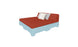 A 3D render of the Ledge Lounger Affinity Square Sunbed with Backrest Cushion, featuring a light blue base and red mattress, perfect for poolside relaxation. It includes a cushioned headboard with two white pillows and one gray pillow, set against a plain white backdrop.