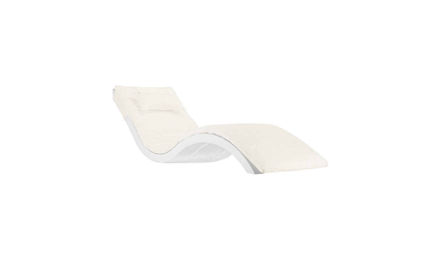 A modern, minimalist white lounge chair from Ledge Lounger features a wave-like ergonomic design and comes with the Signature Chaise Cushion for reclining plus a matching headrest pillow, all set against a plain white background.