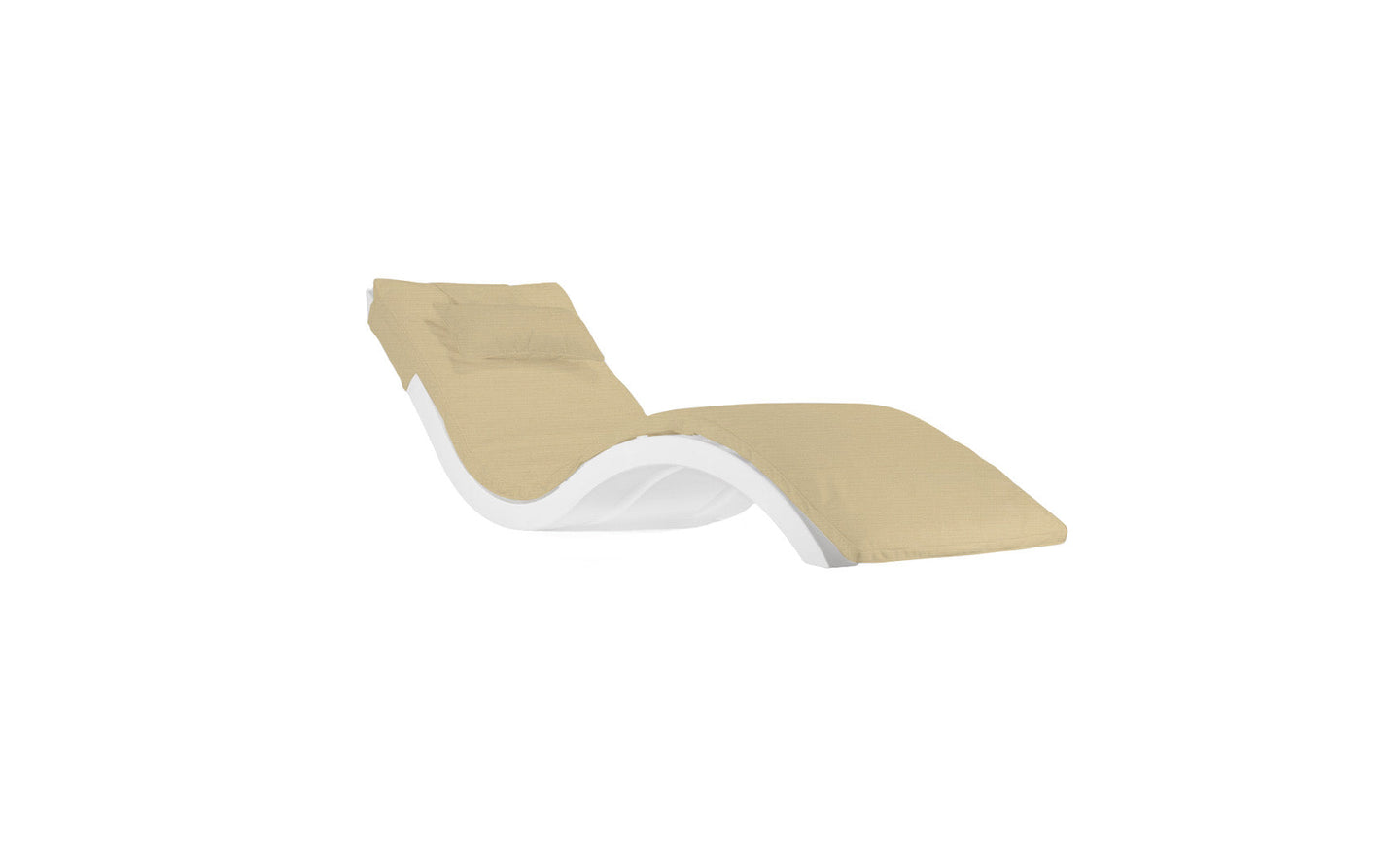 Introducing the Signature Chaise Cushion by Ledge Lounger: a modern, wavy design with a beige cushion and headrest on a white curved frame, elegantly set against a plain white background.