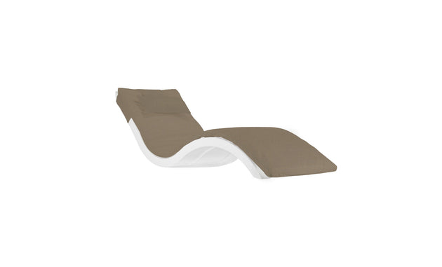 The Signature Chaise Cushion by Ledge Lounger is a modern, minimalist piece with a sleek wavy design, featuring a white frame and brown cushioned seat on a plain white background. Final sale.
