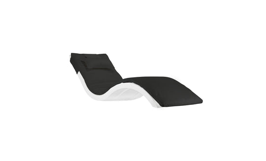 The Ledge Lounger Signature Chaise Cushion showcases a sleek, modern design with a white wavy frame and black cushions, complemented by a single headrest pillow. Perfect for contemporary spaces, it seamlessly fits against a plain white backdrop.