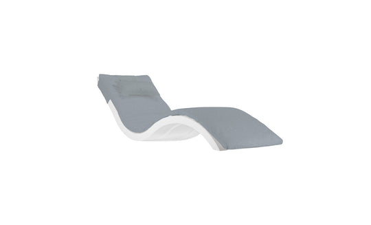 Introducing the Ledge Loungers Signature Chaise Cushion—a modern, ergonomic gray lounge chair with a white frame, featuring a sleek design and headrest pillow for ultimate relaxation.