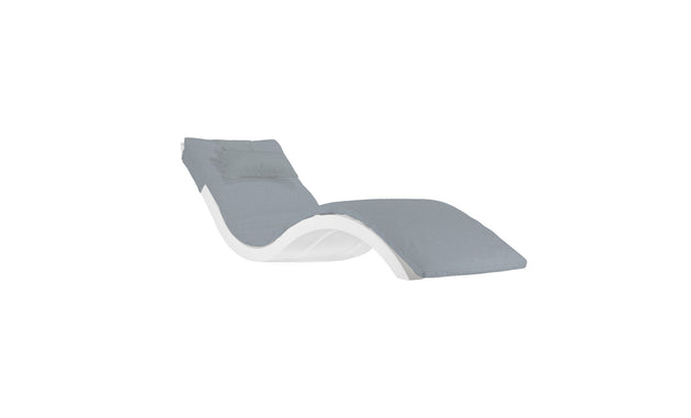 Introducing the Ledge Loungers Signature Chaise Cushion—a modern, ergonomic gray lounge chair with a white frame, featuring a sleek design and headrest pillow for ultimate relaxation.