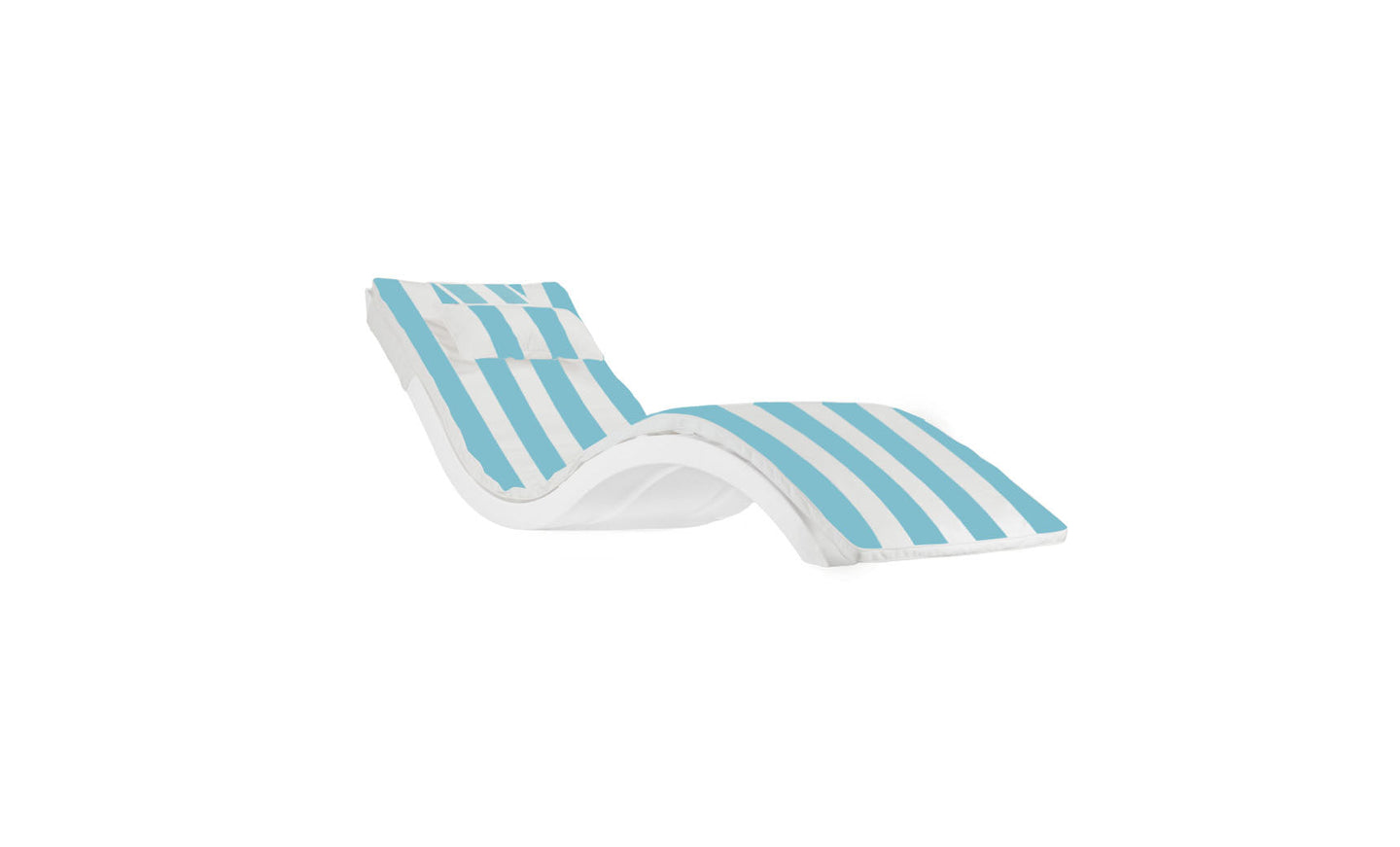 A modern, curved lounge chair featuring Ledge Loungers Signature Chaise Cushion with blue and white stripes and a plush headrest pillow, set against a plain white background.