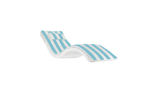 A modern, curved lounge chair featuring Ledge Loungers Signature Chaise Cushion with blue and white stripes and a plush headrest pillow, set against a plain white background.