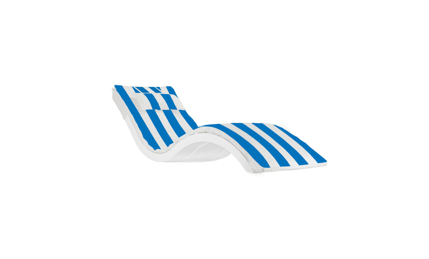 The Ledge Loungers Signature Chaise Cushion is a modern lounge chair featuring a curvy design with a blue and white striped cushion and built-in headrest pillow. Its sleek silhouette makes it perfect for outdoor relaxation.