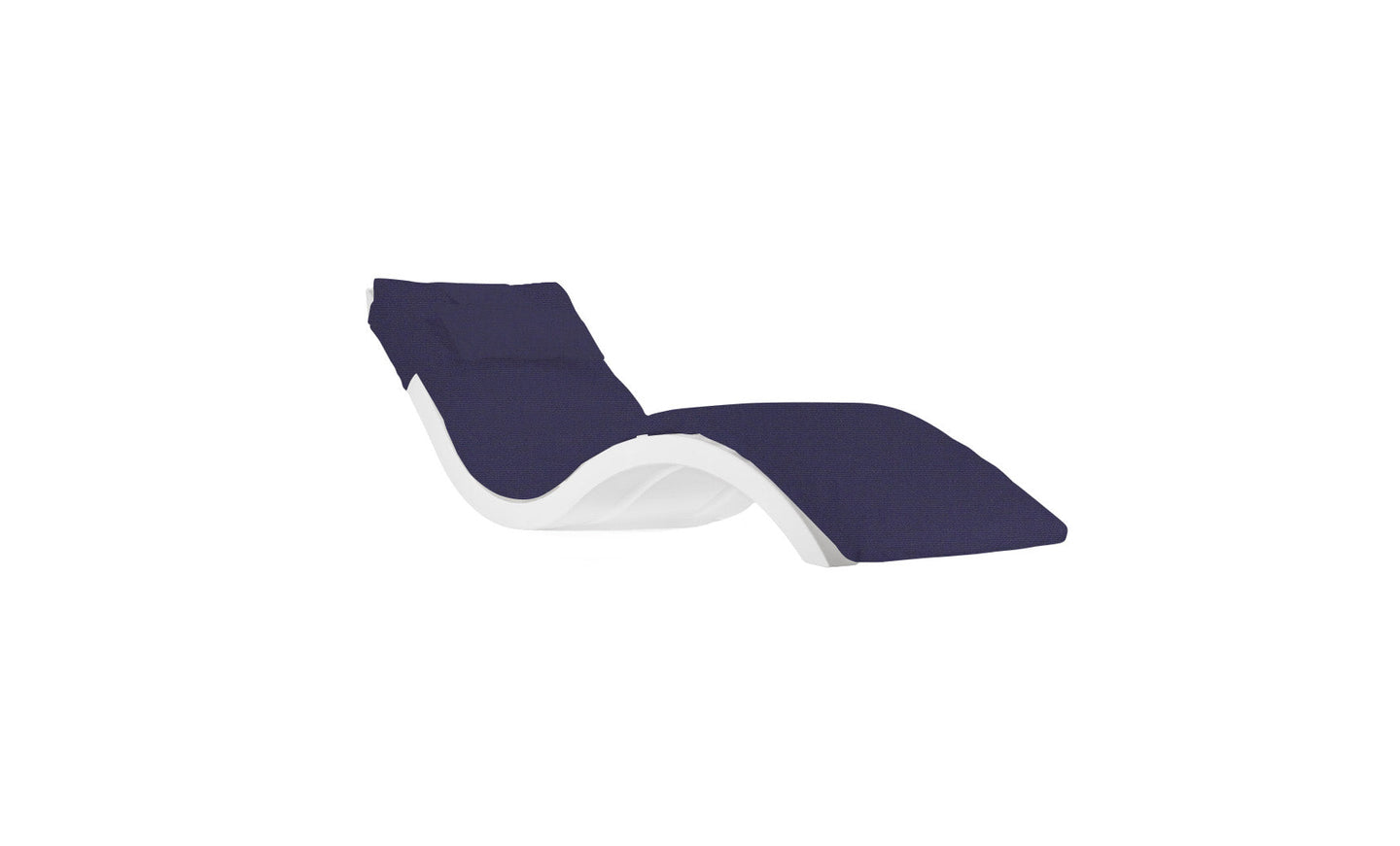 The Signature Chaise Cushion by Ledge Lounger offers supreme relaxation with a modern curved design and headrest pillow, available in sleek white and dark blue.