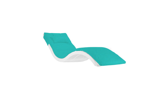 Introducing the Ledge Lounger Signature Chaise Cushion, a turquoise outdoor lounge with a sleek design, curved white frame, matching cushion, and headrest pillow. It sits elegantly against a plain white background.