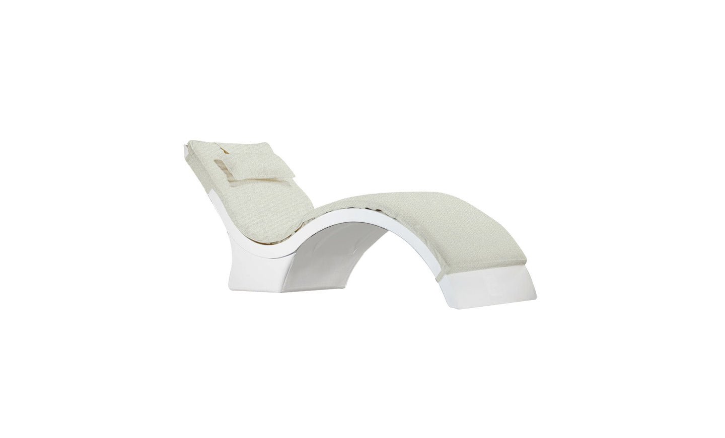 The Signature Chaise Cushion by Ledge Lounger is a modern, white curved lounge chair with a cushioned beige seat and supportive headrest pillow, set on a plain white background.