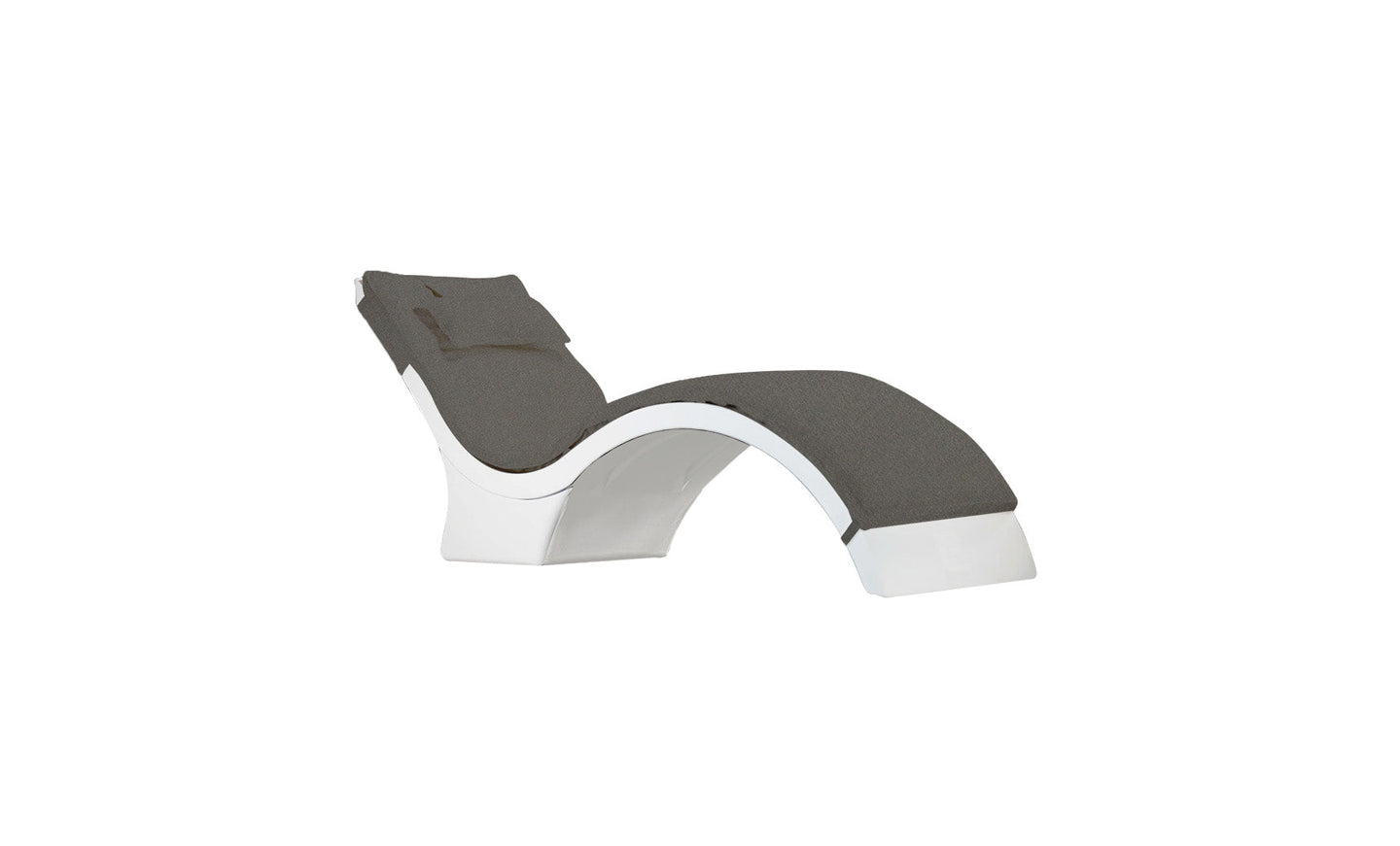 The Signature Chaise Deep Cushion by Ledge Lounger is a modern curved lounge chair with a white base and dark gray cushioning, featuring an arching seat and attached headrest for sleek comfort.