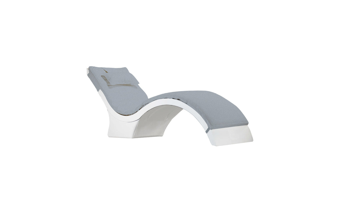 The Signature Chaise Cushion by Ledge Lounger is a modern, curved lounge chair with a gray cushioned seat and backrest, plush headrest pillow, and a sleek white structure for a stylish minimalist design.