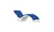 The Ledge Lounger Signature Chaise Cushion is a modern, minimalist lounge chair with a white frame and blue cushion. It features an ergonomic curve and headrest pillow, ideal for indoor or outdoor relaxation in contemporary style.