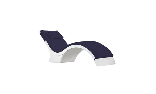 The Signature Chaise Deep Cushion by Ledge Lounger features a sleek, minimalist curved design in white and navy blue with an attached headrest pillow, set against a white backdrop. Final Sale.