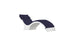 The Signature Chaise Deep Cushion by Ledge Lounger features a sleek, minimalist curved design in white and navy blue with an attached headrest pillow, set against a white backdrop. Final Sale.