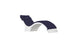 The Signature Chaise Deep Cushion by Ledge Lounger features a sleek, minimalist curved design in white and navy blue with an attached headrest pillow, set against a white backdrop. Final Sale.