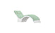 The Ledge Lounger Signature Chaise Cushion is a modern, ergonomic lounge chair with a sleek white base and mint green fabric. It boasts a curved structure and headrest pillow for ultimate relaxation.