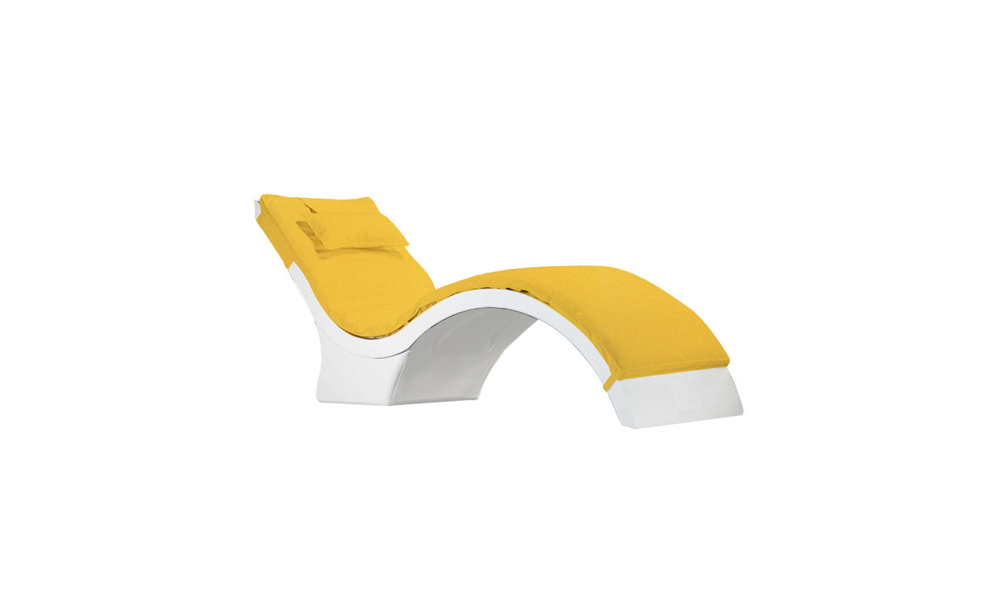 The Ledge Lounger Signature Chaise Cushion offers luxury with its yellow cushion and sleek, modern design. It features a curved white base for stylish comfort and is elegantly displayed on a white background.