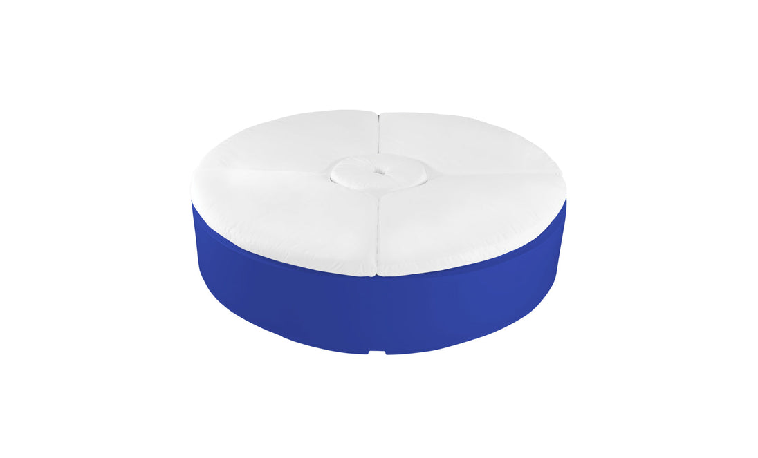 Relax in style with the Ledge Lounger Signature Round Sunbed, featuring a white cushioned top and blue base. Perfect for outdoor spaces, its minimalist design and central button detail offer a modern touch to your decor.